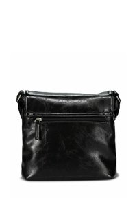 Sac bandoulière en cuir noir avec une poche avant zippée et une finition lisse et texturée. Dispose d'une sangle réglable pour plus de commodité.