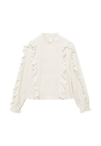 Blusa bianca con collo alto, maniche lunghe con bordi arricciati e pannello centrale testurizzato con arricciatura orizzontale.