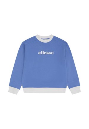 Lichtblauwe sweatshirt met witte kraag, manchetten en zoom, met het "ellesse" logo in het wit, gecentreerd op de borst.