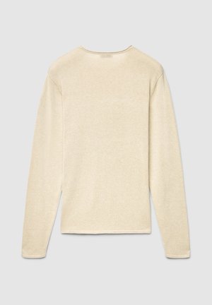 Beige Langarmshirt mit rundem Ausschnitt und weichem, strukturiertem Stoff. Verfügt über einen geraden Saum und dezente Nähte entlang der Ärmel.