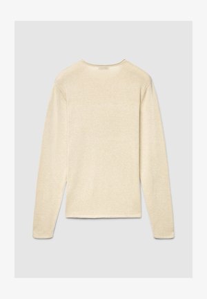 Beige Langarmshirt mit rundem Ausschnitt und weichem, strukturiertem Stoff. Verfügt über einen geraden Saum und dezente Nähte entlang der Ärmel.