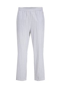 Witte broek met verticale marineblauwe strepen, elastische tailleband, rechte pijpen en een zachte, gladde textuur.