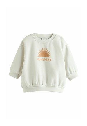 Hellbeiges Sweatshirt mit Puffärmeln, gerippten Bündchen und Bund. Mit Sonnenuntergangsgrafik und dem Schriftzug "Sunshine" in einem helleren Farbton.