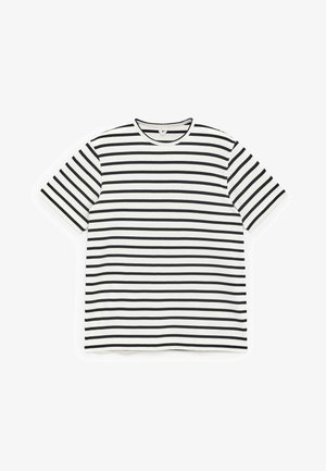 Short-sleeve t-shirt in white with horizontal black stripes. Crew neck design, made from soft cotton fabric.