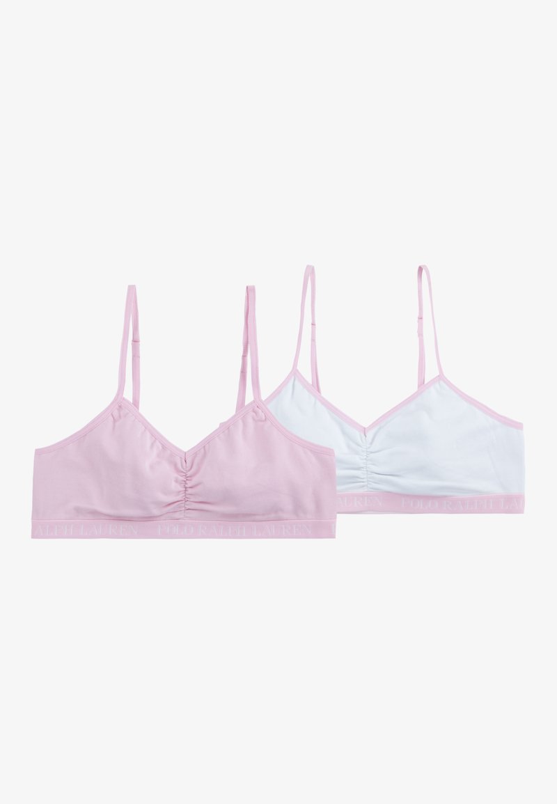 Dve bralette v roza in beli barvi. Obe imata mehak material, nastavljive naramnice in gubano detajliranje spredaj. Pas z logotipom na dnu.