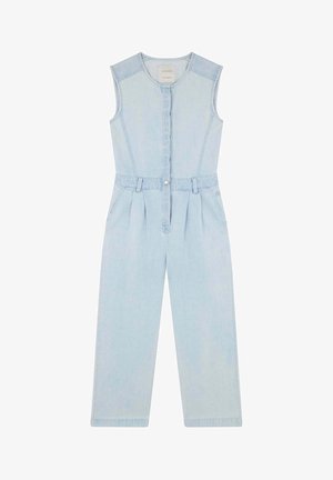 Combinaison en denim bleu clair à manches courtes, fermeture à boutons, devant plissé et poches latérales. Coupe droite avec une coupe décontractée.