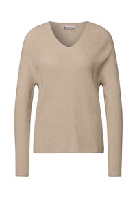 Beige pletený svetr s V-výstřihem, dlouhými rukávy a jemnou lesklou texturou. Jednoduchý design se pohodlným střihem a žebrovanými detaily.