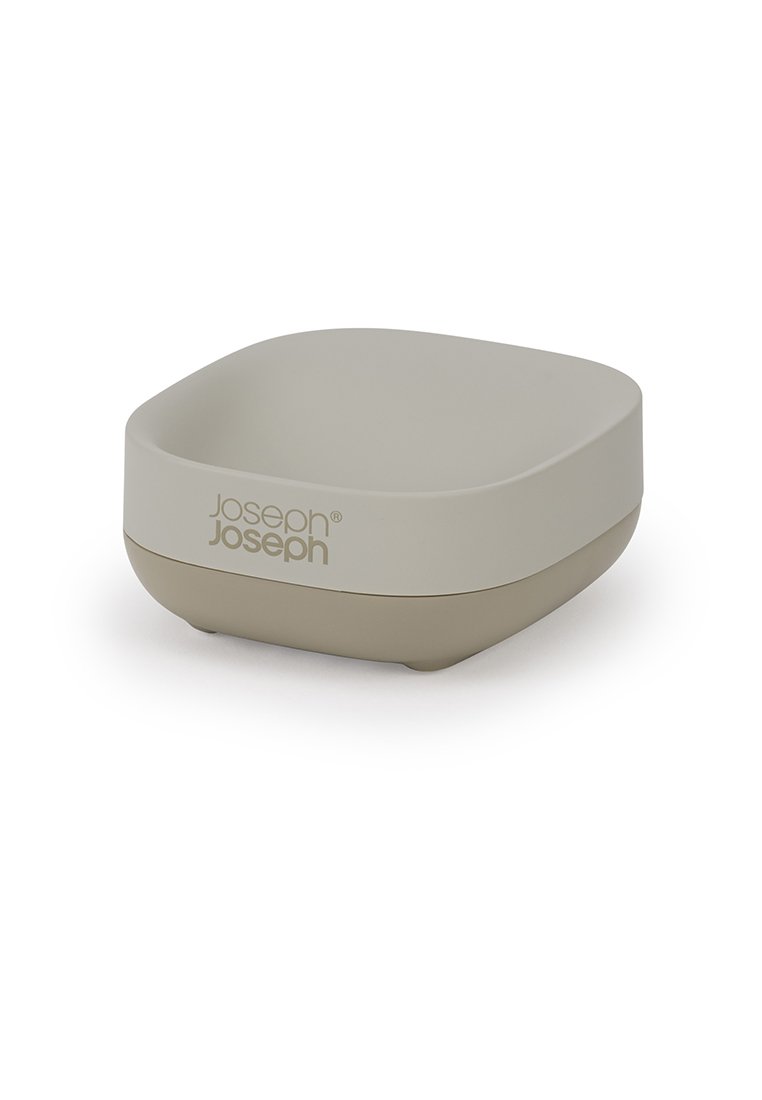 Vierkante opbercontainer van lichtgrijs en beige plastic met afgeronde hoeken, voorzien van het "Joseph Joseph" logo aan de zijkant.