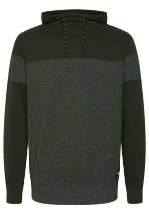 Sudadera con capucha en verde oscuro y gris, con una textura suave, cordón ajustable y diseño de bloque de color en contraste.