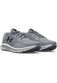 Gray athletic shoes with a mesh upper, textured design, black logo, laces, and a white cushioned sole with a patterned traction outsole.