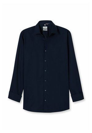 Navy blue long-sleeve shirt with a button-down collar, front button closure, and cuffed sleeves. Smooth fabric with no visible patterns.