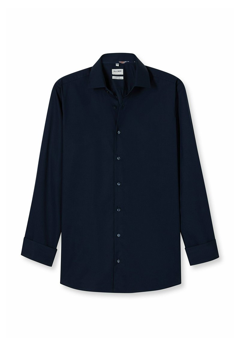 Marineblaue Langarmshirt mit Button-Down-Kragen,knopfnahem Verschluss vorne und geknöpften Ärmeln. Glattes Gewebe ohne sichtbare Muster.