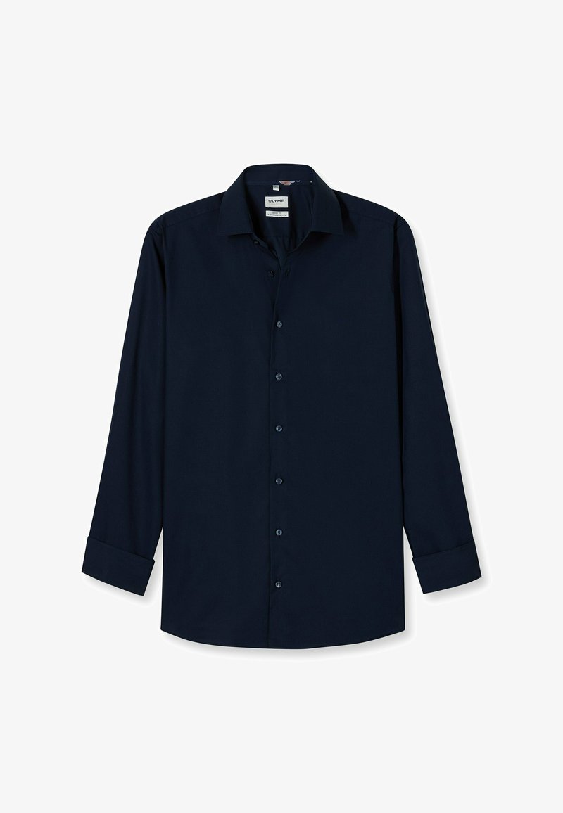 Navy blue long-sleeve shirt with a button-down collar, front button closure, and cuffed sleeves. Smooth fabric with no visible patterns.