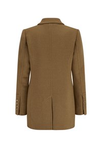 Brauner Mantel mit taillierter Gestaltung, ausgestattet mit einem reverkragen, langen Ärmeln und Knopfdetails an den Manschetten. Glatte Textur, mittellanger Schnitt.