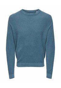 Maglione blu lavorato a maglia, collo a giro, maniche lunghe, polsini e orlo a coste, tessuto texturizzato, vestibilità rilassata, design semplice senza decorazioni.