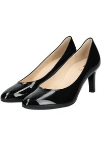 Classiche décolleté in vernice nera con punta tonda, tacco di 6,5 cm, texture liscia e scollatura bassa per un'elegante silhouette.