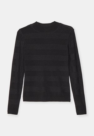 Black long-sleeve sweater featuring a soft, textured finish with alternating matte and slightly shiny horizontal stripes. High neckline.