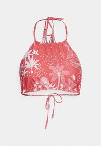 Top de bikini halter vermelho coral com padrão tropical branco. Textura franzida, ajuste com laço no pescoço e nas costas, e uma forma ligeiramente curvada.