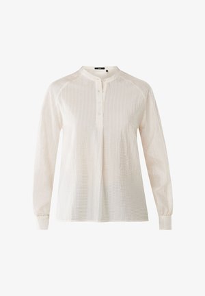 Witte blouse met lange mouwen en een mandarin-kraag, van gestructureerde stof, met knopen aan de voorkant en raglanmouwen. Ontspannen pasvorm met een subtiele glans.