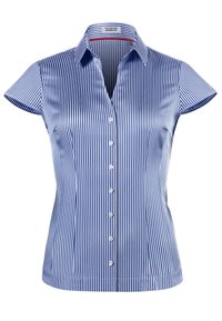 Blue and white striped short-sleeve shirt with a button-up front and a pointed collar. Made from smooth fabric, featuring a fitted design.