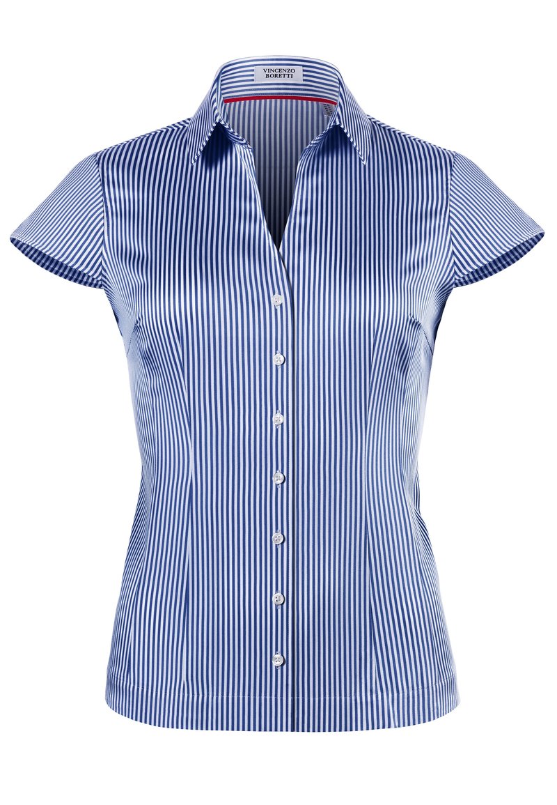 Blue and white striped short-sleeve shirt with a button-up front and a pointed collar. Made from smooth fabric, featuring a fitted design.
