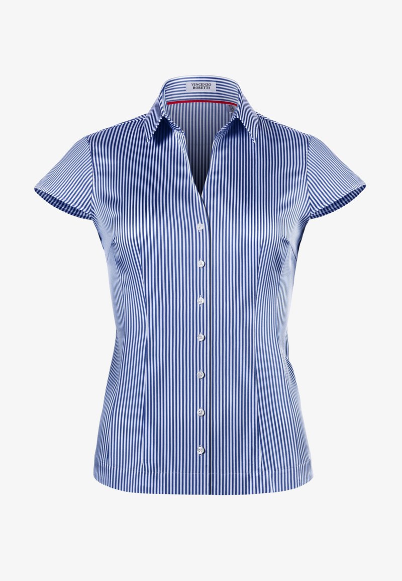 Blue and white striped short-sleeve shirt with a button-up front and a pointed collar. Made from smooth fabric, featuring a fitted design.
