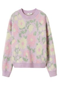 Pull-over à fleurs en violet doux, avec des motifs floraux pastel rose et jaune, col et poignets côtelés, coupe décontractée.