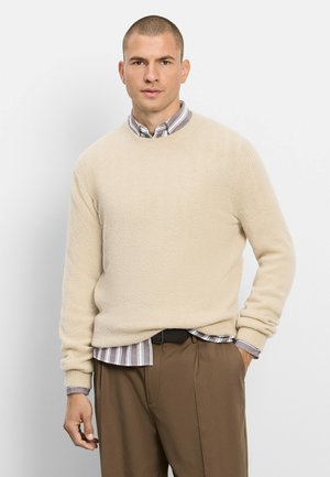 Homme portant un pull beige par-dessus une chemise rayée avec un pantalon marron, debout devant un fond blanc avec une main dans la poche.
