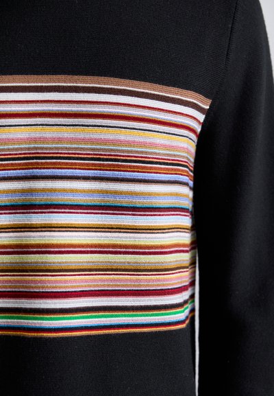 Sweater featuring a black body with a horizontal striped pattern in colors, including red, brown, yellow, and blue, across the chest.