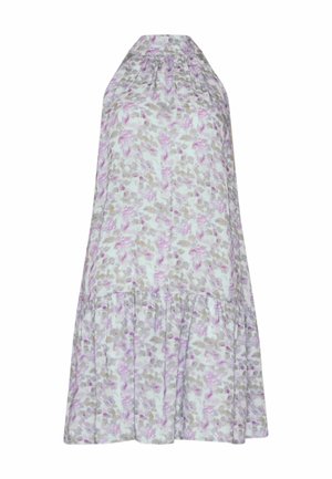 Varrukateta kaelusega kleit lahtise lõikega, millel on lillemuster roosades, beežides ja helesinistes toonides valgel taustal.