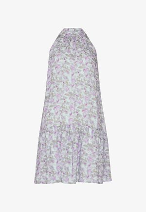 Varrukateta kaelusega kleit lahtise lõikega, millel on lillemuster roosades, beežides ja helesinistes toonides valgel taustal.