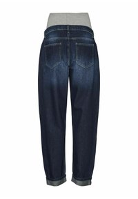 Temno modri jeans s sivim elastičnim pasom, ki imajo zapete robove in dve zadnji žepi.