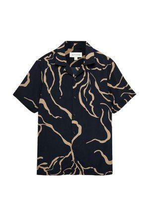 Chemise noire à manches courtes avec un motif de lignes ondulées beiges abstraites et un col plié, étiquetée "AUTOGRAPH" à l'intérieur du col.