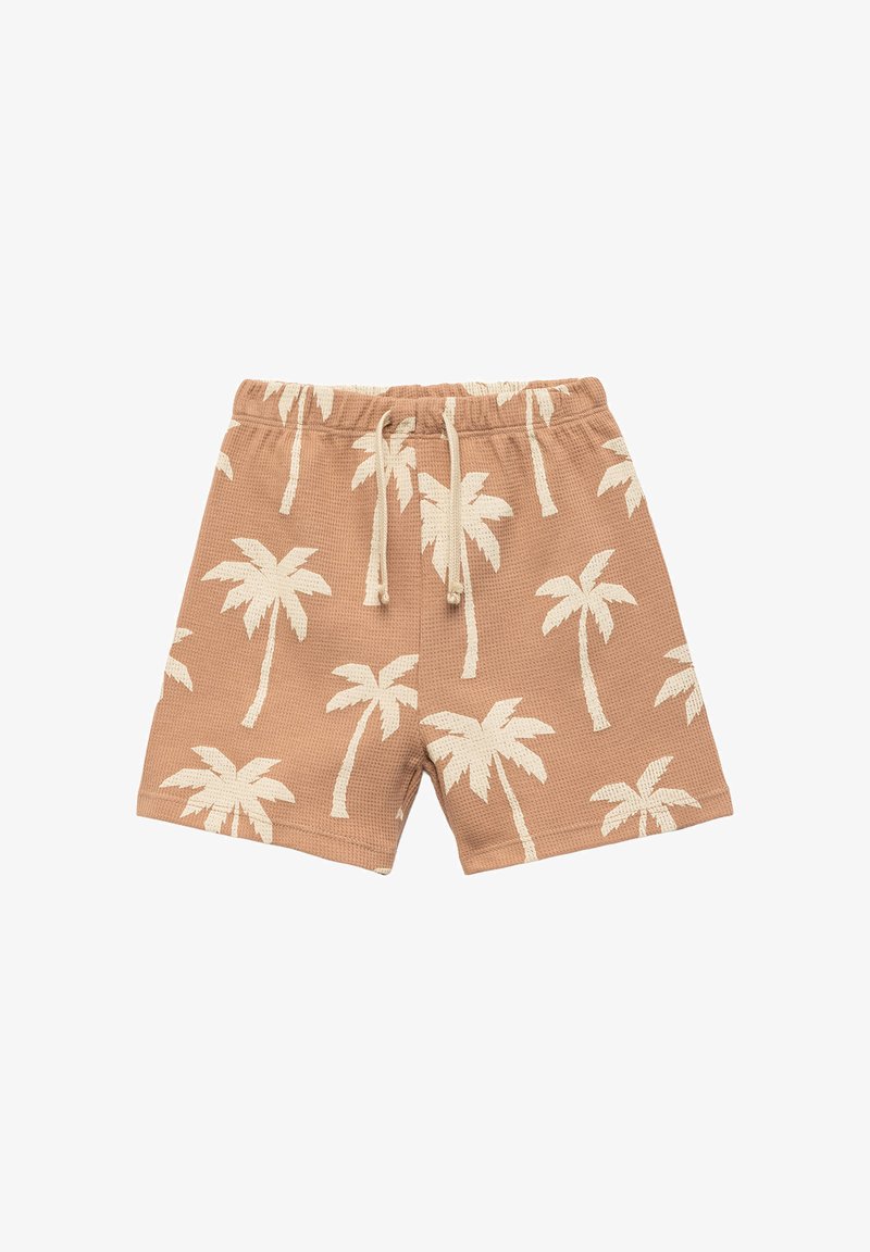 Brown woven fabric swim shorts featuring a white palm tree pattern, elastic waistband with drawstring, and a relaxed fit.