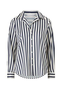 Satin gestreepte shirt met verticale marineblauwe en witte strepen, een puntige kraag, lange mouwen, knoopsluiting aan de voorkant en contrasterende manchetten.
