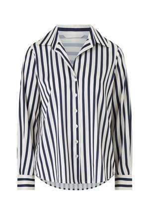 Satin gestreepte shirt met verticale marineblauwe en witte strepen, een puntige kraag, lange mouwen, knoopsluiting aan de voorkant en contrasterende manchetten.