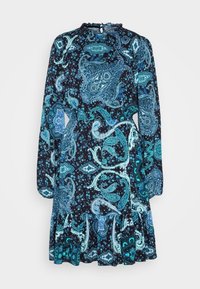 Dark blue dress with a paisley pattern in turquoise and light blue, featuring long sleeves and a ruffled hem. Lightweight fabric.