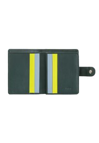 Billetera de cuero verde con múltiples ranuras para tarjetas en varios colores: amarillo, azul y gris. Incluye un cierre a presión.