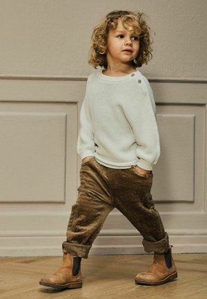Pull en maille vert clair avec boutons sur le côté, pantalon en velours côtelé marron et bottines beige. Comprend des poignets roulés et un tissu texturé.