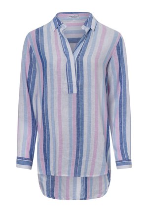 Gestreifte Hemdbluse in Hellblau, Rosa und Weiß; lange Ärmel, kragenloses Design, längerer Rückensaum, aus leichtem Stoff gefertigt.