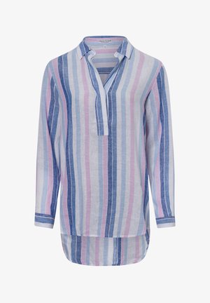 Gestreifte Hemdbluse in Hellblau, Rosa und Weiß; lange Ärmel, kragenloses Design, längerer Rückensaum, aus leichtem Stoff gefertigt.