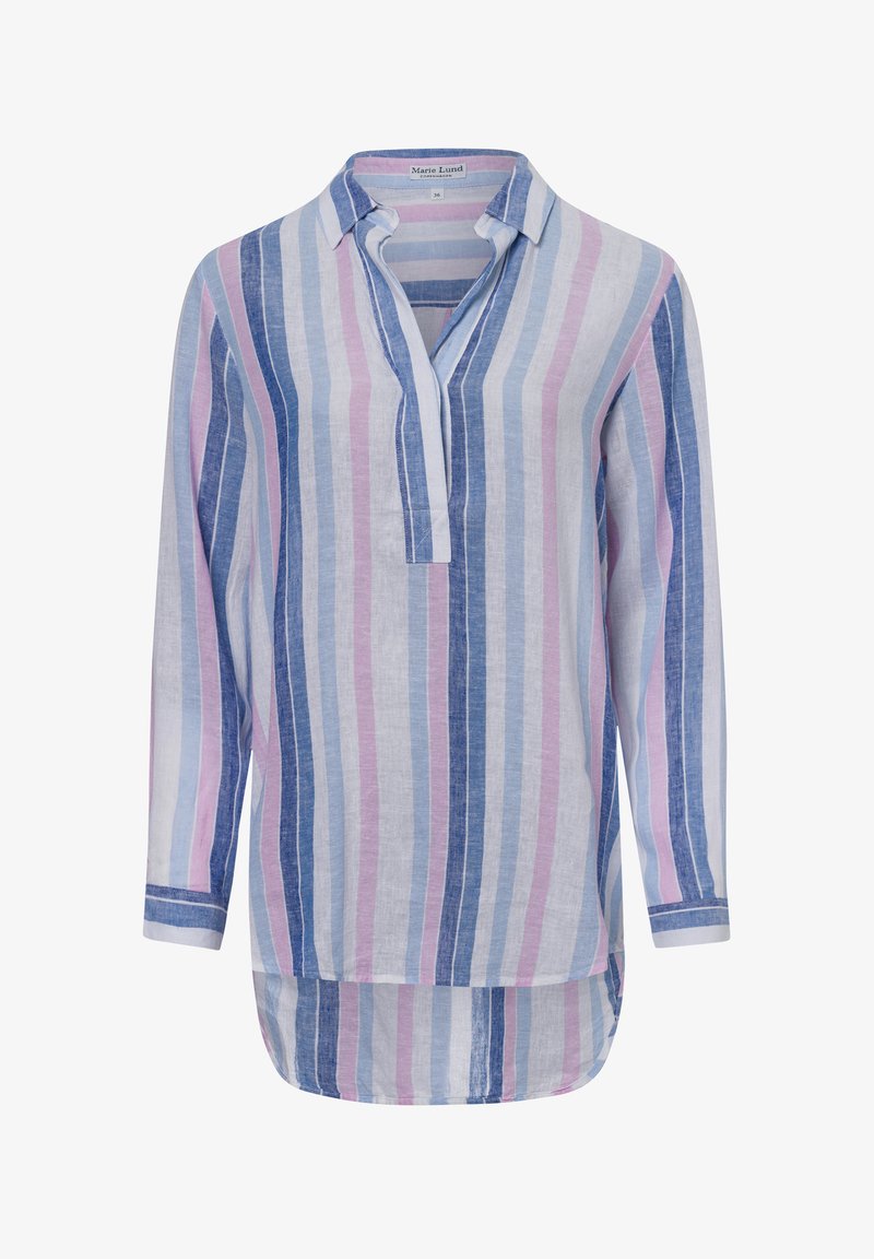 Striped button-up shirt in light blue, pink, and white; long sleeves, collarless design, longer back hem, made from lightweight fabric.