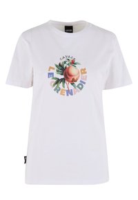Weißes Baumwoll-T-Shirt mit einem Pfirsich-Graphic, grünen Blättern und mehrfarbigem Text "C.A.Y.L.E.R LE GRENADE". Weicher Stoff, kurze Ärmel.