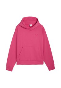 Sudadera rosa brillante con bolsillo frontal y capucha con cordón, con un pequeño logo en el lado izquierdo del pecho, presentada sobre un fondo liso.