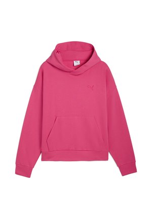 Lyserød hoodie med frontlomme og snoretræk i hætten, med et lille logo på venstre bryst, vist mod en ensfarvet baggrund.