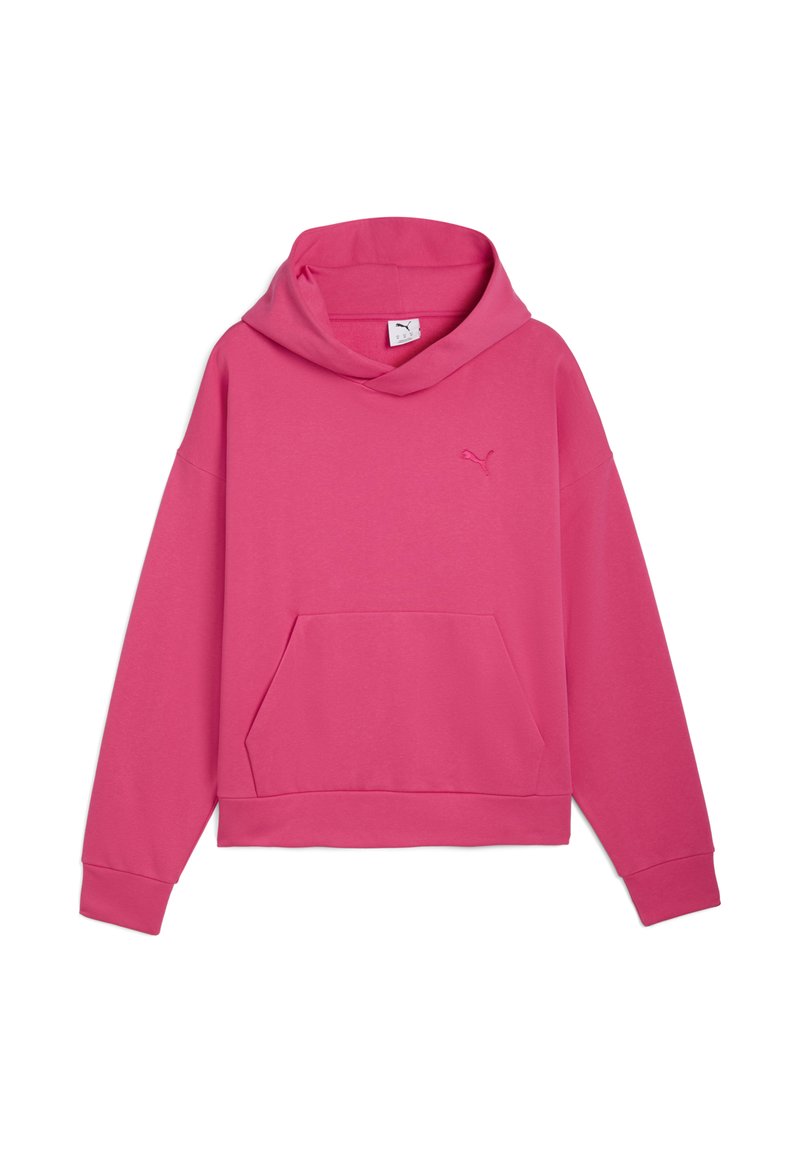 Sudadera rosa brillante con bolsillo frontal y capucha con cordón, con un pequeño logo en el lado izquierdo del pecho, presentada sobre un fondo liso.