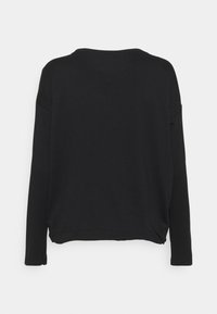 Schwarzer Langarm-Pullover mit Rundhalsausschnitt und lässiger Passform, von hinten auf einem weißen Hintergrund gezeigt.