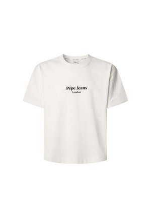 T-shirt bianco in cotone con scollo rotondo e maniche corte. La parte anteriore mostra "Pepe Jeans London" in nero, con testo centrato.