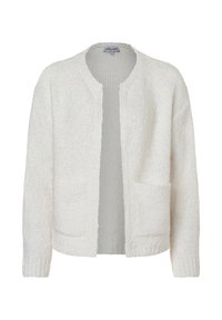 Weißer, gestrickter Cardigan mit strukturiertem Finish, Rundhalsausschnitt, offener Vorderseite und zwei Fronttaschen. Keine Knöpfe oder Verschlüsse.