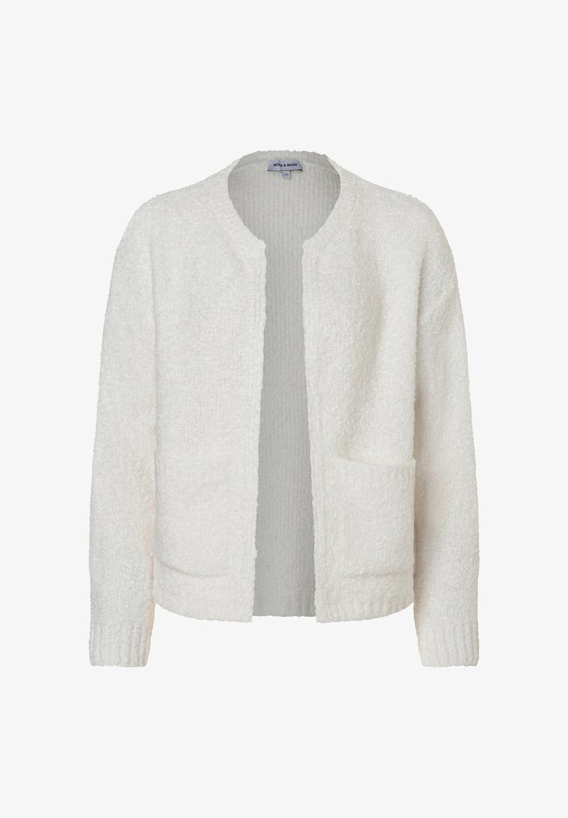 Weißer, gestrickter Cardigan mit strukturiertem Finish, Rundhalsausschnitt, offener Vorderseite und zwei Fronttaschen. Keine Knöpfe oder Verschlüsse.